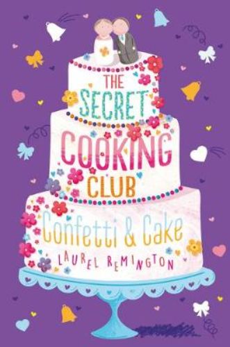 Cover of 'The Secret Cooking Club: Confetti & Cake' featuring a young baker, vibrant colors, and cake elements reflecting creativity.
