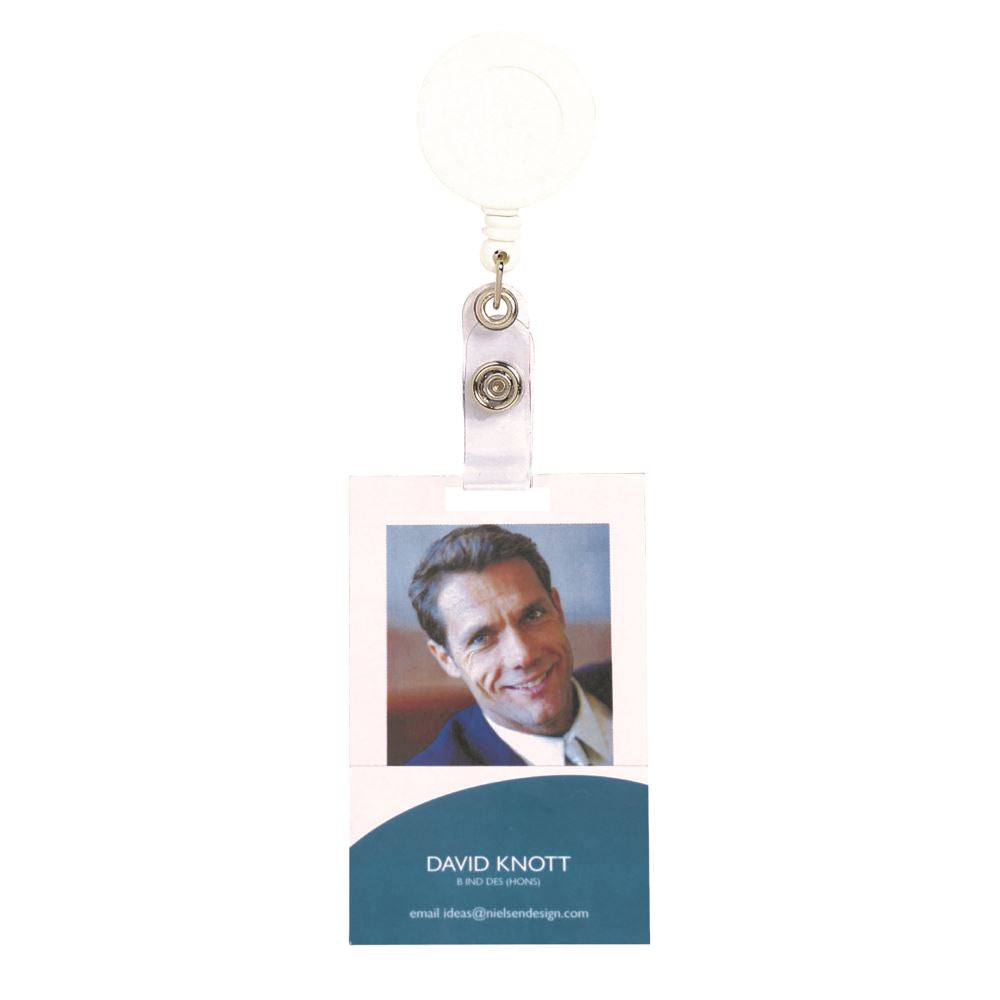 White Rexel retractable ID card holder with strap, extends 75cm, perfect for secure and convenient access.