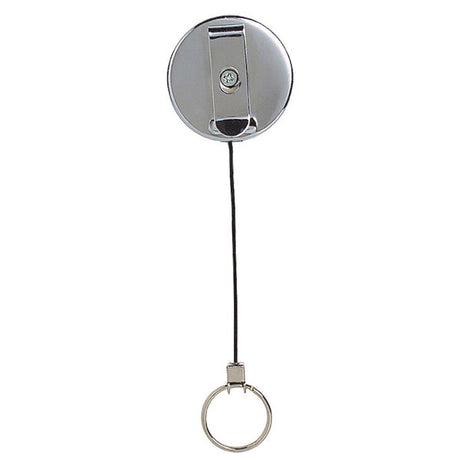 Rexel Metal Retractable Key Holder with Ring features a clip for easy attachment and a retractable cord for quick key access.
