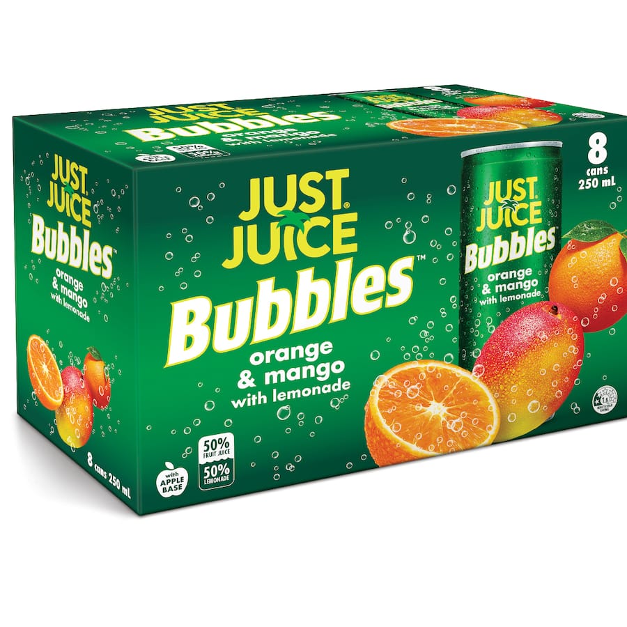 Just Juice Bubbles Fruit Drink Orange Mango 250ml cans 8pack