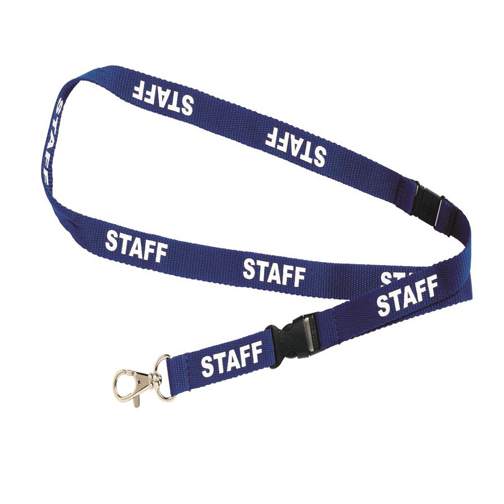 Pack of 5 durable lanyards pre-printed with 'Staff' or 'Visitor', featuring safety breakaway and swivel attachment.
