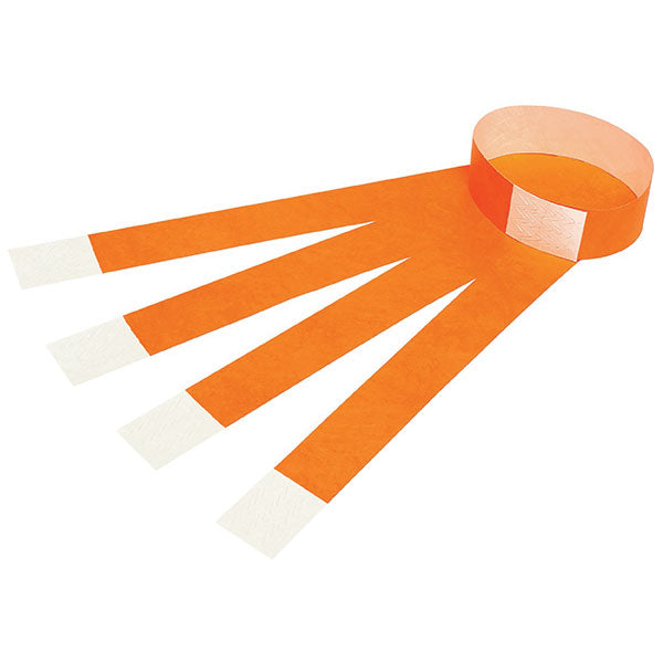 Fluorescent orange Rexel wristbands, waterproof and adjustable, ideal for secure event identification and crowd management.