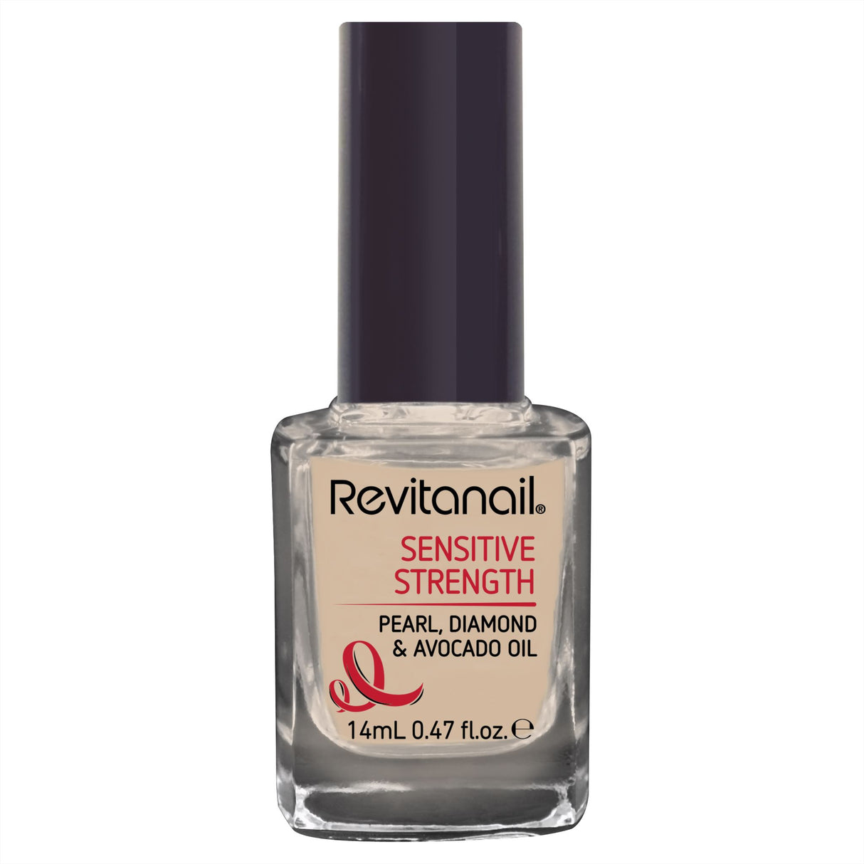 Revitanail Sensitive Strengthener 14mL: Nourishing treatment for weak nails with pearl extracts, diamond powders, and avocado oil.
