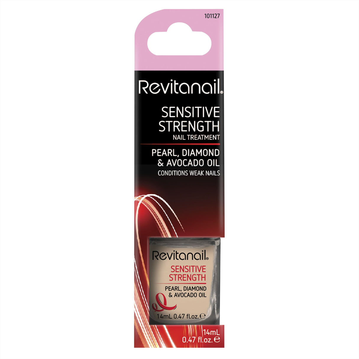Revitanail Sensitive Strengthener 14mL with pearl extracts and avocado oil for nourishing weak, sensitive nails.