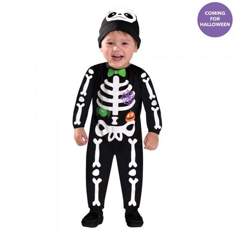 Adorable infant costume featuring a skeleton design with bone prints, includes a cozy jumpsuit and matching hat.