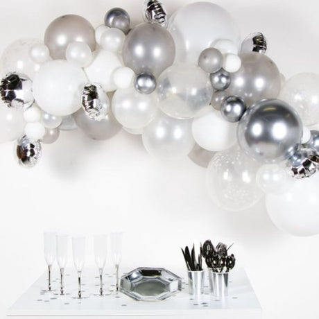 Balloon Garland Kit Silver featuring 66 balloons in various sizes, perfect for elegant party decorations and easy DIY assembly.