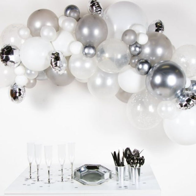 Balloon Garland Kit Silver featuring 66 balloons in various sizes, perfect for elegant party decorations and easy DIY assembly.