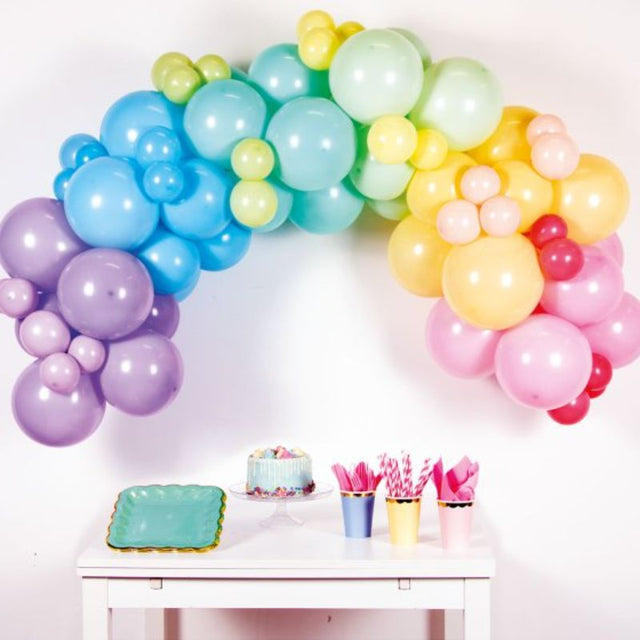 Colorful 78-piece Rainbow Pastel Balloon Garland Kit for festive occasions, includes balloons, glue dots, and tape.