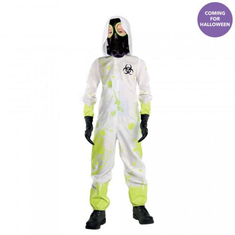 Boys' hazmat costume jumpsuit with hood and mask, perfect for imaginative play and role-playing adventures.