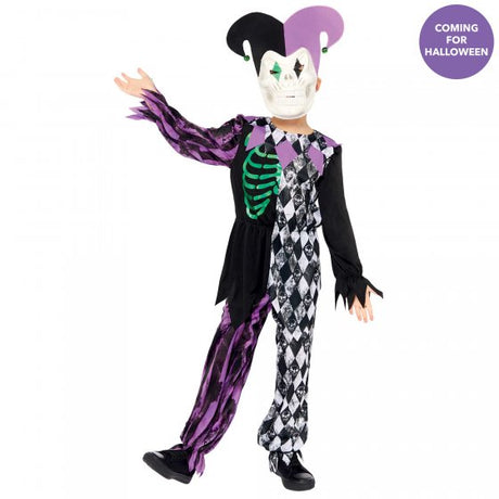 Whimsical Costume Jester for boys ages 4-6, featuring vibrant colors, a playful mask, and comfortable attire for imaginative play.