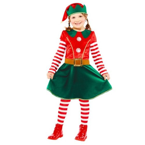 Festive green and red elf dress for girls 6-8, complete with matching hat, perfect for holiday celebrations.
