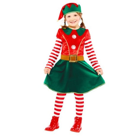 Vibrant red elf dress with green accents and matching hat for girls aged 8-10, perfect for festive occasions and holiday fun.