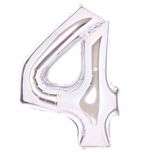 Large silver foil balloon in the shape of number 4, measuring 66cm x 93cm, perfect for celebrations and photo backdrops.