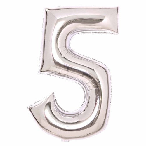 Large silver foil balloon shaped like the number 5, measuring 56cm wide by 89cm high, self-sealing design.