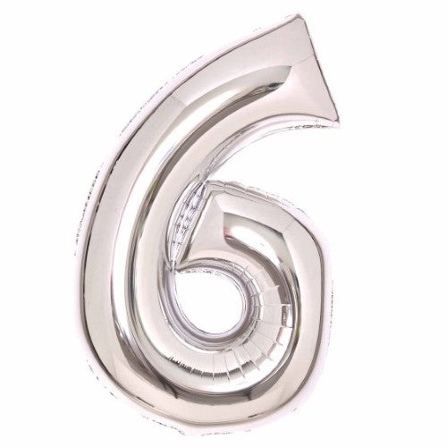Large silver foil balloon shaped as number 6, 56cm wide and 92cm high, perfect for celebrations and events.