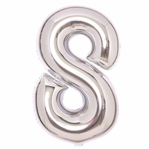 Large silver foil balloon in the shape of number 8, measuring 54cm wide and 87cm high, self-sealing feature for easy use.