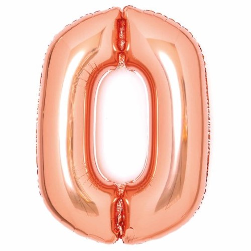 Large rose gold foil balloon shaped like the number 0, 64cm wide and 90cm high, ideal for celebrations and party decor.