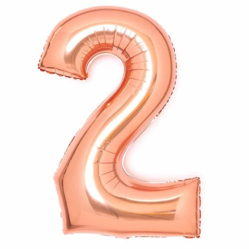 Large rose gold foil balloon number 2, 55cm wide and 86cm high, perfect for celebrations and elegant party decor.