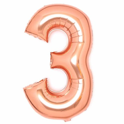 Large rose gold foil balloon shaped as number 3, 53cm wide and 87cm high, perfect for festive celebrations.