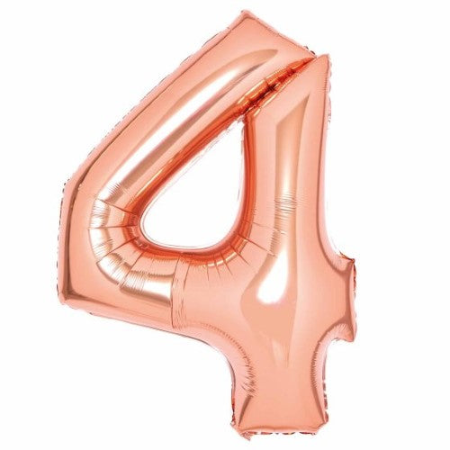 Large rose gold foil balloon shaped like number 4, 66cm wide and 93cm high; perfect for celebrations and decor.