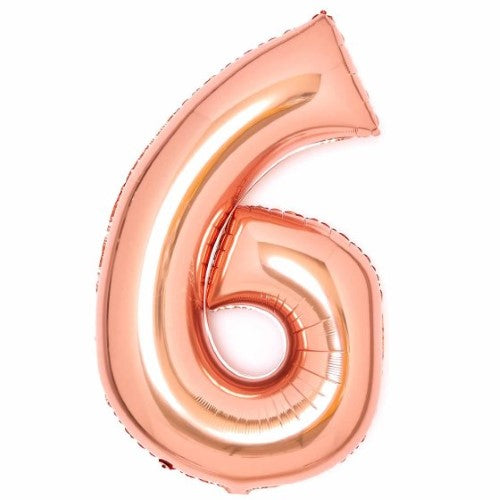 Large rose gold foil balloon in the shape of number 6, measuring 56cm wide and 92cm high, perfect for celebrations.