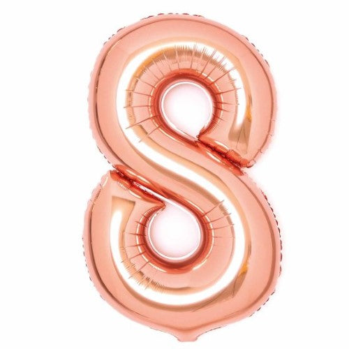Large rose gold foil number 8 balloon, 54cm wide and 87cm high, perfect for celebrations and stylish decor.