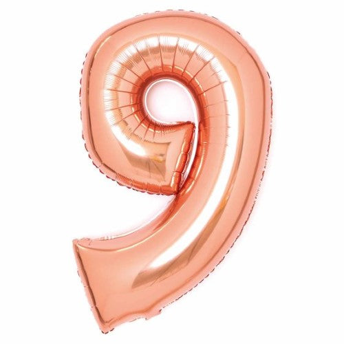 Large Number 9 Rose Gold Foil Balloon, 57cm wide x 91cm high, perfect for elegant celebrations and memorable décor.