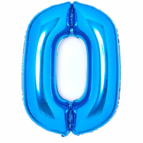 Large blue foil number 0 balloon, 64cm wide by 90cm high, perfect for birthdays and celebrations.