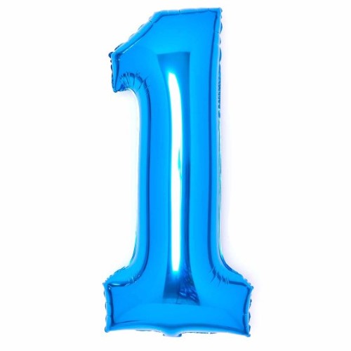 Large blue foil number 1 balloon, self-sealing, 37cm wide by 82cm high, ideal for celebrations.