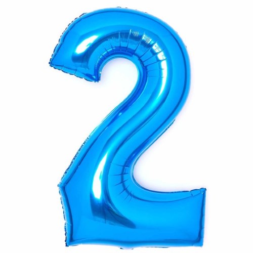 Large blue foil number 2 balloon, self-sealing, measuring 55cm wide by 86cm high.