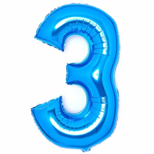Large blue foil balloon shaped as number 3, measuring 53cm wide and 87cm high, ideal for celebrations.