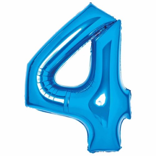 Large blue foil number 4 balloon, self-sealing, measures 66cm wide by 93cm high.