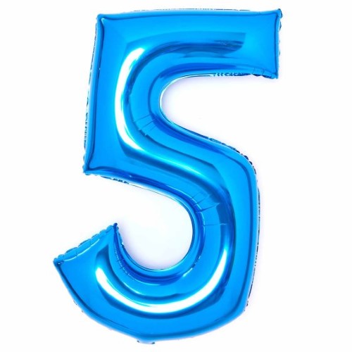 Large blue foil balloon in the shape of number 5, measuring 56cm wide by 89cm high.