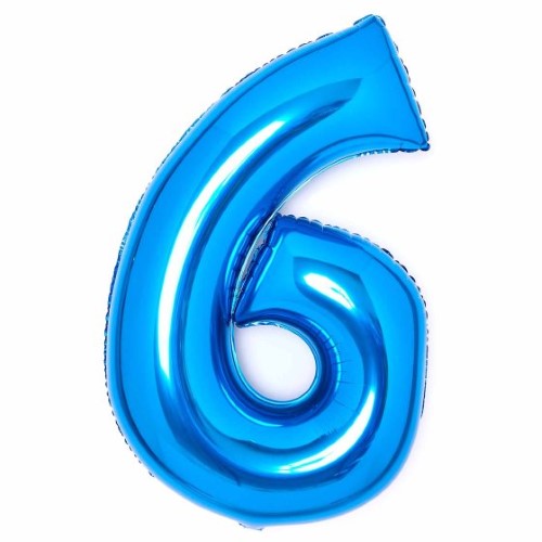 Large blue foil balloon in the shape of number 6, measuring 56cm wide and 92cm high, self-sealing for easy use.