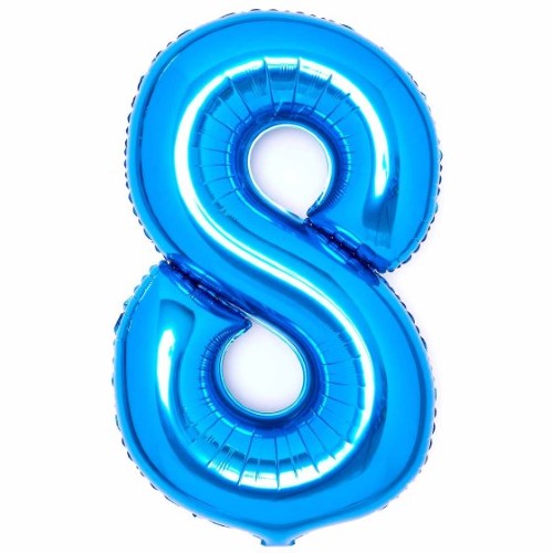 Large blue foil number 8 balloon, 54cm wide by 87cm high, perfect for celebrations and party decor.