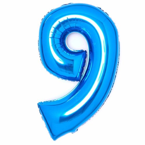 Large blue foil number 9 balloon, self-sealing, measures 57cm wide by 91cm high.