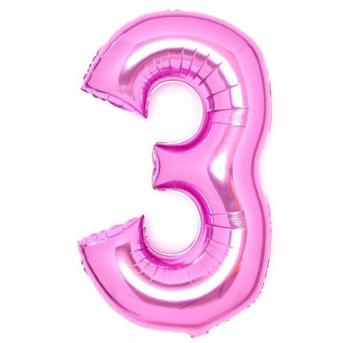 Large pink foil balloon shaped like the number 3, measuring 53cm x 87cm, perfect for celebrations and party decor.