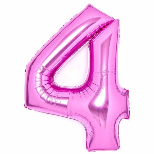 Large pink foil balloon shaped like number 4, 66cm wide and 93cm high, perfect for celebrations and photo opportunities.
