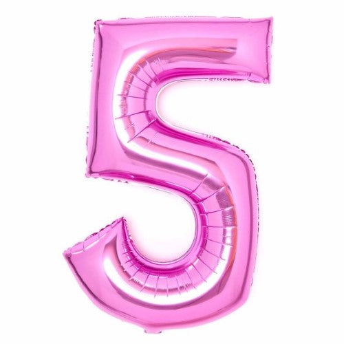 Large pink foil balloon shaped like the number 5, measuring 56cm wide and 89cm high.