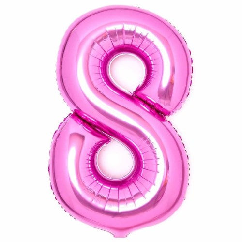 Large pink foil number 8 balloon, 54cm wide and 87cm high, perfect for birthdays and celebrations.
