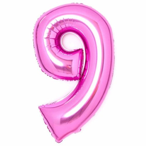 Large pink foil balloon shaped like the number 9, perfect for celebrations, measuring 57cm wide by 91cm high.