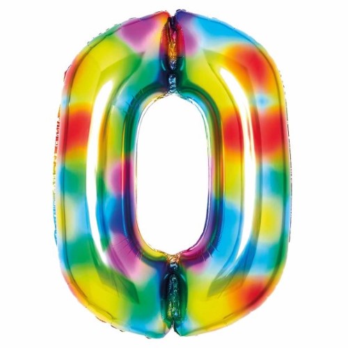 Large rainbow foil balloon shaped like number 0, measuring 64cm wide and 90cm high, perfect for festive celebrations.