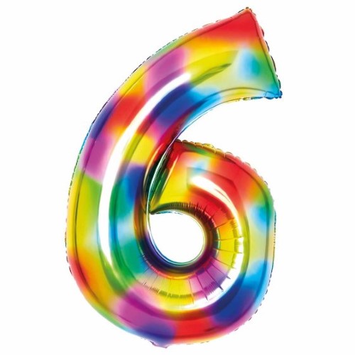 Large Rainbow Foil Balloon in the shape of number 6, vibrant colors, 56cm wide and 92cm high, perfect for celebrations.