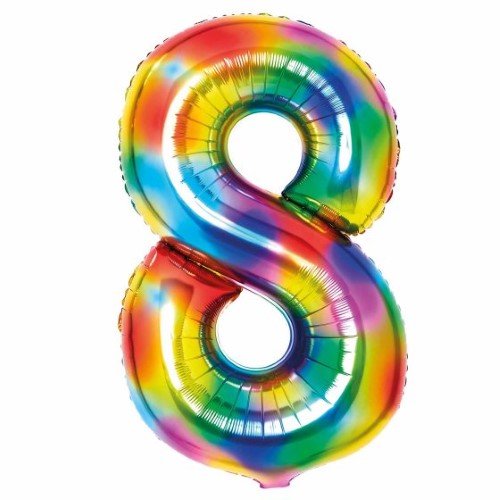 Large Number 8 Bright Rainbow Foil Balloon, 54cm x 87cm, vibrant colors for birthdays and celebrations.