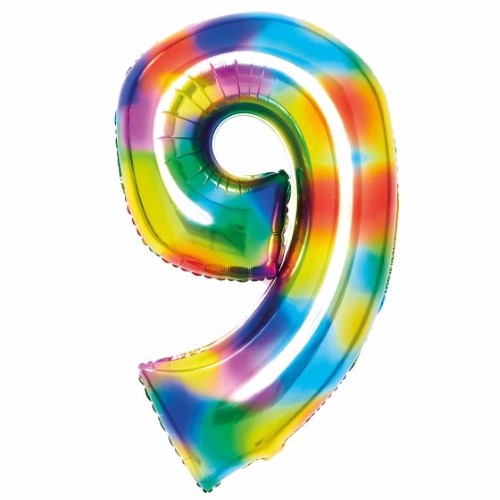 Large Number 9 Rainbow Foil Balloon, 57cm wide x 91cm tall, perfect for vibrant celebrations and parties.