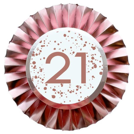 Rose Gold 21 Rosette, luxurious foil decoration for 21st parties, measuring 12cm with a trendy shimmering finish.