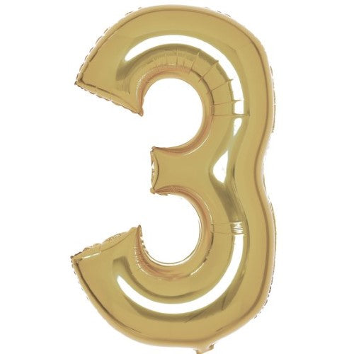 Large Number 3 White Gold Foil Balloon, 53cm wide x 87cm high, perfect for elegant celebrations and party decor.