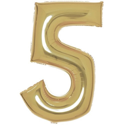 Large white gold foil balloon in the shape of number 5, measuring 56cm wide by 89cm high.