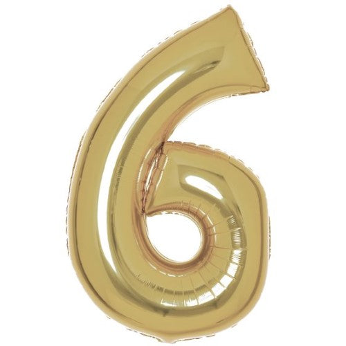 Large white gold foil number 6 balloon, 56cm wide and 92cm high, perfect for celebrations.