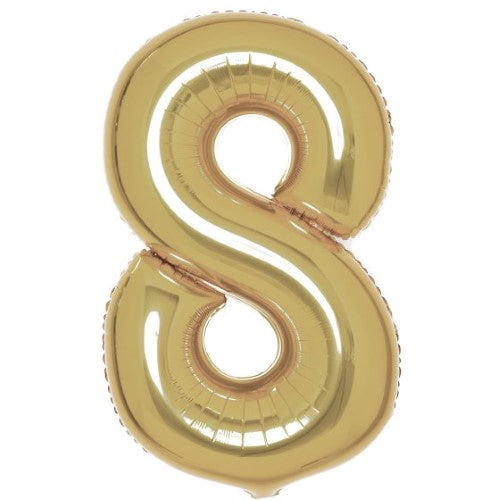 Large white gold foil balloon number 8, 54cm wide and 87cm high, perfect for stylish celebrations and events.